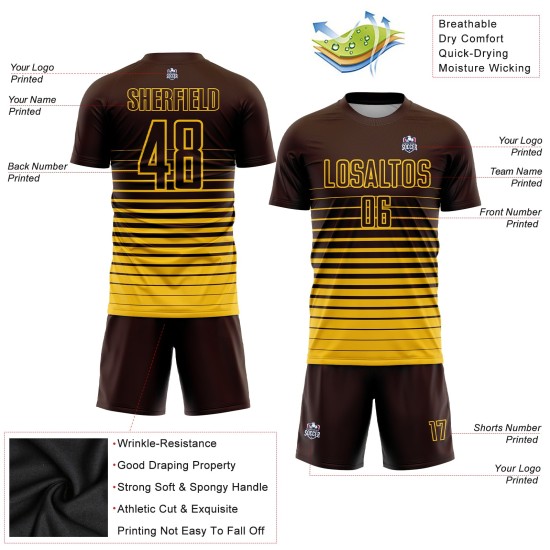 Soccer Custom Jersey Brown Fashion Pinstripe Sublimation Yellow Uniform Fade Soccer Custom Jersey Brown Fashion Pinstripe Sublimation Yellow Uniform Fade