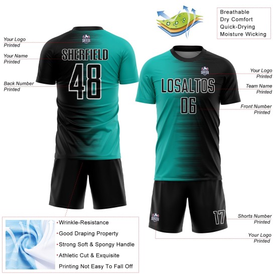 Aqua-White Black Uniform Line Gradient Custom Jersey Sublimation Soccer Aqua-White Black Uniform Line Gradient Custom Jersey Sublimation Soccer