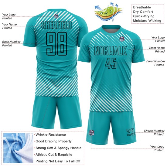 Soccer Lines Custom Diagonal Uniform Aqua Black Sublimation Jersey Soccer Lines Custom Diagonal Uniform Aqua Black Sublimation Jersey