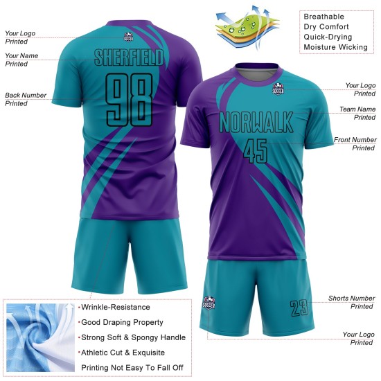 Lines Soccer Custom Teal-Black Curve Uniform Jersey Sublimation Purple Lines Soccer Custom Teal-Black Curve Uniform Jersey Sublimation Purple