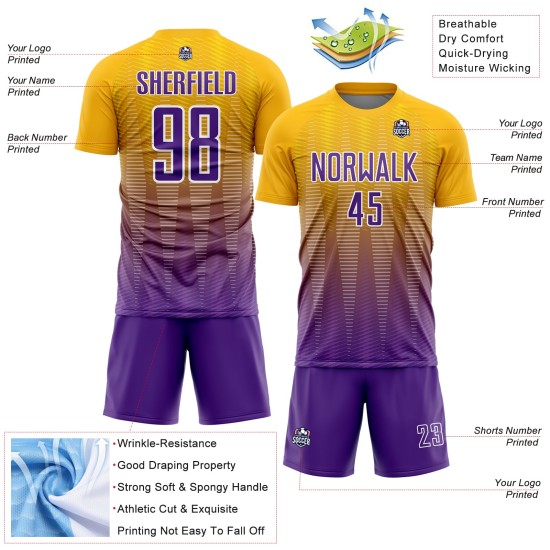 Soccer Gradient Uniform Jersey Line Purple-White Sublimation Custom Gold Soccer Gradient Uniform Jersey Line Purple-White Sublimation Custom Gold