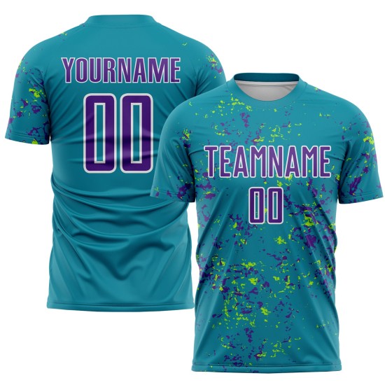 Purple-Neon Uniform Soccer Green Jersey Abstract Fragment Teal Sublimation Art Custom Purple-Neon Uniform Soccer Green Jersey Abstract Fragment Teal Sublimation Art Custom