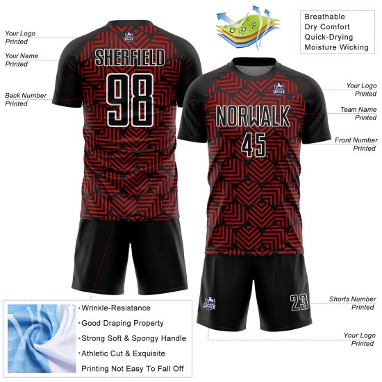 Soccer Black Red-White Sublimation Abstract Geometric Uniform Custom Jersey Shapes Soccer Black Red-White Sublimation Abstract Geometric Uniform Custom Jersey Shapes