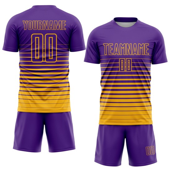 Purple Pinstripe Soccer Custom Jersey Fade Fashion Uniform Sublimation Gold Purple Pinstripe Soccer Custom Jersey Fade Fashion Uniform Sublimation Gold