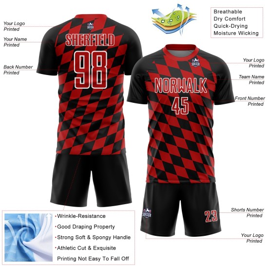 Sublimation Print Custom Red-White Black Uniform Jersey Soccer Rhombus Sublimation Print Custom Red-White Black Uniform Jersey Soccer Rhombus