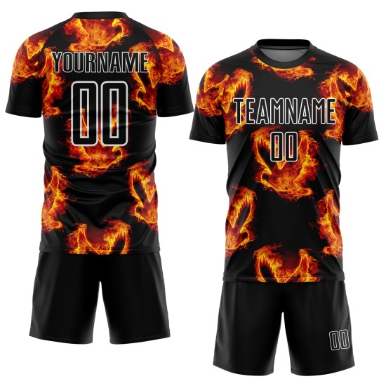 Flame Soccer Jersey Black Red-Gold Sublimation Bird Custom Uniform Flame Soccer Jersey Black Red-Gold Sublimation Bird Custom Uniform