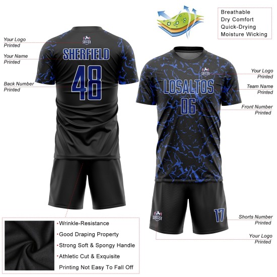Royal-White Custom Jersey Soccer Black Sublimation Uniform Royal-White Custom Jersey Soccer Black Sublimation Uniform