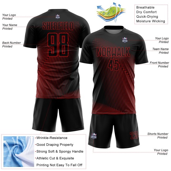 Red Jersey Sublimation Soccer Black Lines Custom Uniform Red Jersey Sublimation Soccer Black Lines Custom Uniform