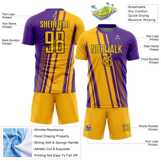 Soccer Uniform Custom Sublimation Gold Jersey Lines Purple-White Soccer Uniform Custom Sublimation Gold Jersey Lines Purple-White