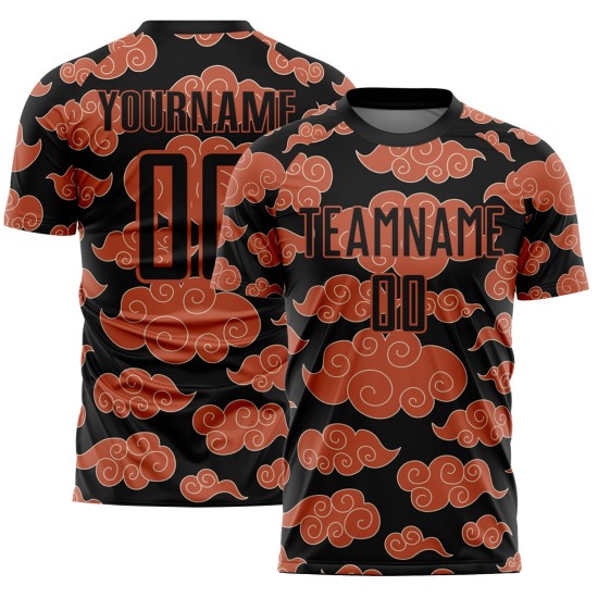 Sublimation Custom Uniform Cloud Soccer Pattern Orange Jersey Black Sublimation Custom Uniform Cloud Soccer Pattern Orange Jersey Black
