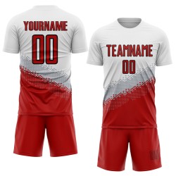 Custom Geometric Gradient Gray-Black White Jersey Soccer Uniform Sublimation Shape Red Custom Geometric Gradient Gray-Black White Jersey Soccer Uniform Sublimation Shape Red