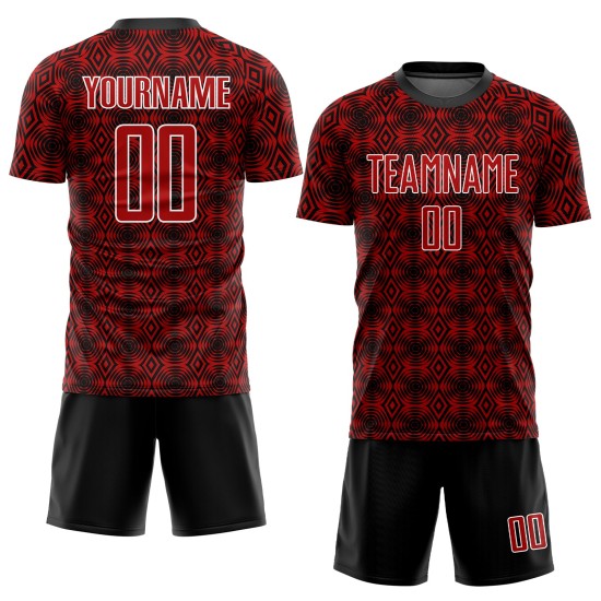 Red Shapes Jersey Black-White Uniform Custom Geometric Soccer Sublimation Red Shapes Jersey Black-White Uniform Custom Geometric Soccer Sublimation
