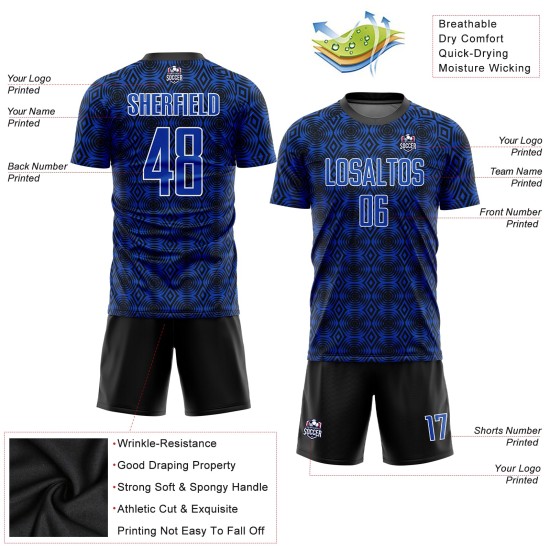 Soccer Uniform Jersey Blue Custom Sublimation Shapes Geometric Black-White Thunder Soccer Uniform Jersey Blue Custom Sublimation Shapes Geometric Black-White Thunder