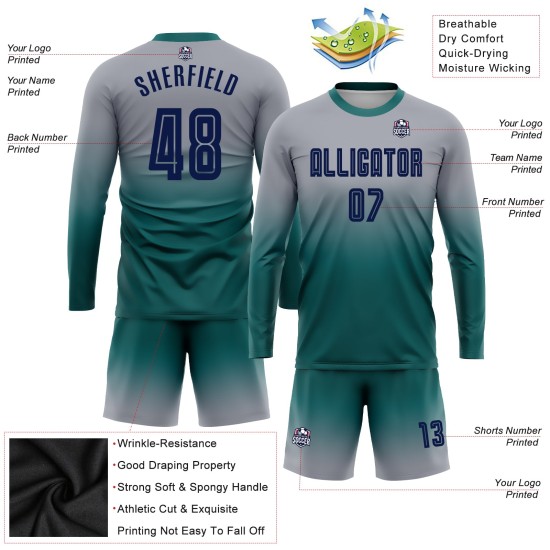 Fashion Uniform Gray Sleeve Custom Sublimation Long Soccer Fade Jersey Navy-Teal Fashion Uniform Gray Sleeve Custom Sublimation Long Soccer Fade Jersey Navy-Teal