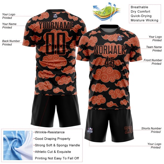 Sublimation Custom Uniform Cloud Soccer Pattern Orange Jersey Black Sublimation Custom Uniform Cloud Soccer Pattern Orange Jersey Black