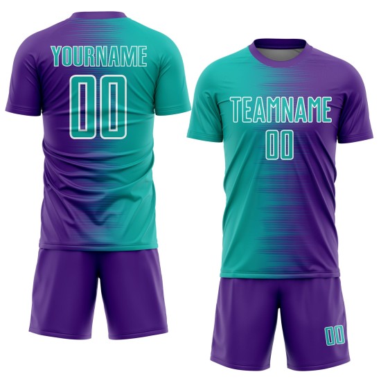 Aqua-White Sublimation Soccer Line Custom Gradient Uniform Jersey Purple Aqua-White Sublimation Soccer Line Custom Gradient Uniform Jersey Purple