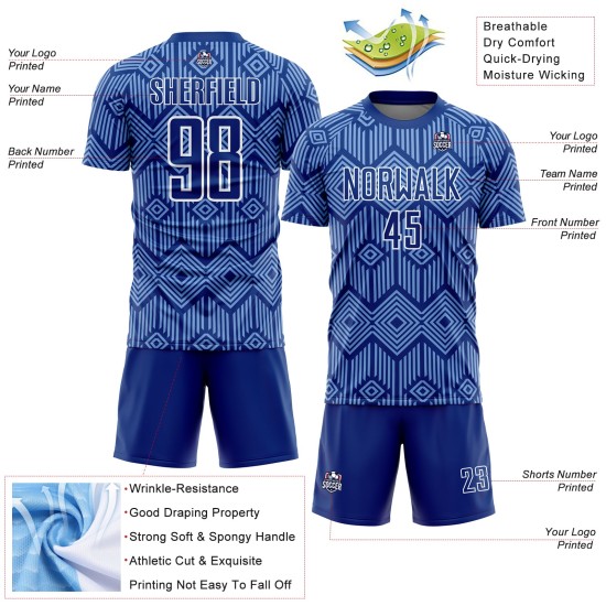 Sublimation Shapes Jersey Light Soccer Uniform Custom Royal Abstract Blue-White Geometric Sublimation Shapes Jersey Light Soccer Uniform Custom Royal Abstract Blue-White Geometric
