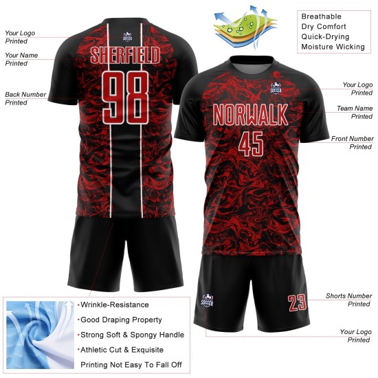 Fluid Red-White Jersey Custom Soccer Black Sublimation Uniform Abstract Fluid Red-White Jersey Custom Soccer Black Sublimation Uniform Abstract