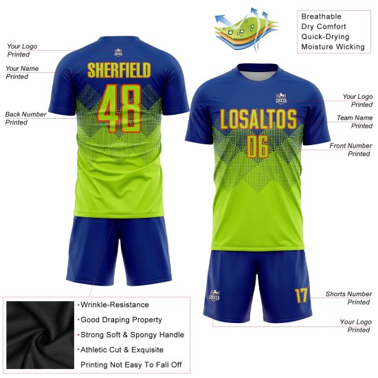 Jersey Green-Orange Custom Soccer Sublimation Uniform Neon Royal Jersey Green-Orange Custom Soccer Sublimation Uniform Neon Royal