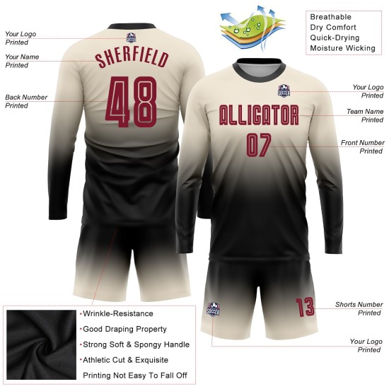Jersey Custom Fashion Fade Crimson-Black Long Soccer Sublimation Cream Sleeve Uniform Jersey Custom Fashion Fade Crimson-Black Long Soccer Sublimation Cream Sleeve Uniform
