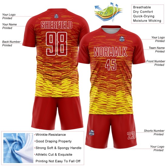 Line Light Custom Yellow-White Uniform Soccer Jersey Red Sublimation Line Light Custom Yellow-White Uniform Soccer Jersey Red Sublimation