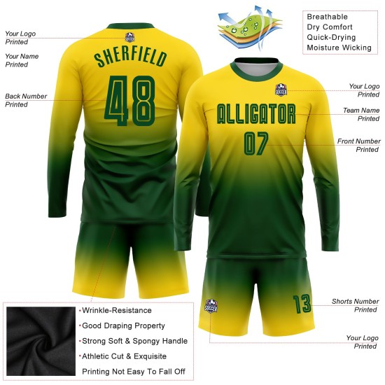 Fade Long Fashion Uniform Custom Sleeve Gold Soccer Green Sublimation Jersey Fade Long Fashion Uniform Custom Sleeve Gold Soccer Green Sublimation Jersey