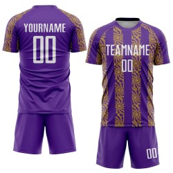 Uniform Sublimation Custom Gold Soccer White-Old Abstract Purple Jersey Shape