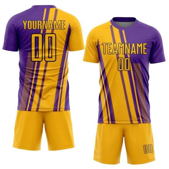 Soccer Uniform Custom Sublimation Gold Jersey Lines Purple-White Soccer Uniform Custom Sublimation Gold Jersey Lines Purple-White