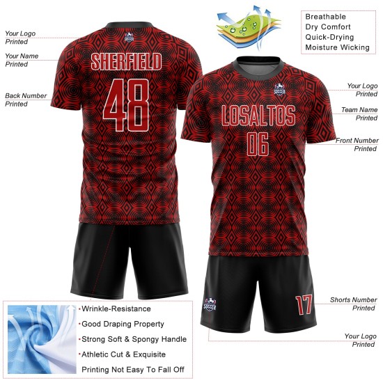 Red Shapes Jersey Black-White Uniform Custom Geometric Soccer Sublimation Red Shapes Jersey Black-White Uniform Custom Geometric Soccer Sublimation