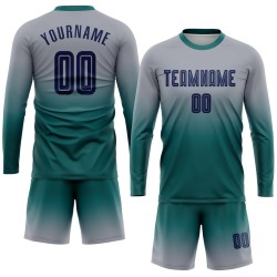 Fashion Uniform Gray Sleeve Custom Sublimation Long Soccer Fade Jersey Navy-Teal Fashion Uniform Gray Sleeve Custom Sublimation Long Soccer Fade Jersey Navy-Teal