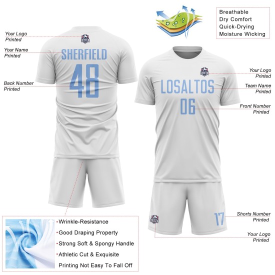 Blue Jersey Light Uniform Soccer Sublimation Custom White Blue Jersey Light Uniform Soccer Sublimation Custom White