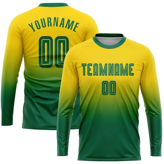 Long Green Fade Fashion Soccer Jersey Uniform Sublimation Kelly Custom Gold Sleeve Long Green Fade Fashion Soccer Jersey Uniform Sublimation Kelly Custom Gold Sleeve