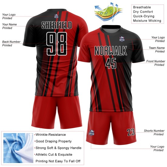 Jersey Custom Black-White Sublimation Soccer Uniform Red Lines Jersey Custom Black-White Sublimation Soccer Uniform Red Lines