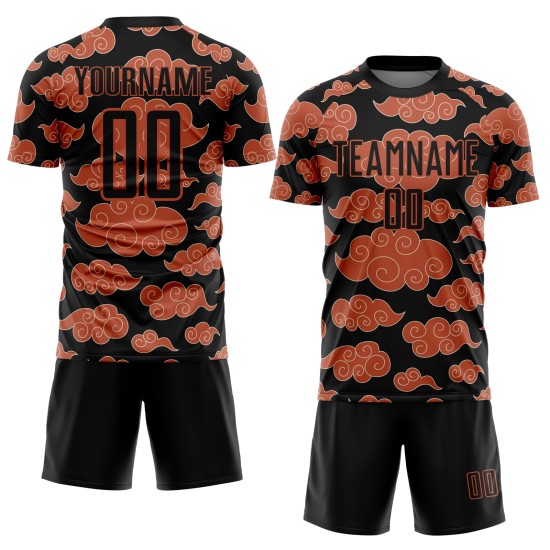 Sublimation Custom Uniform Cloud Soccer Pattern Orange Jersey Black Sublimation Custom Uniform Cloud Soccer Pattern Orange Jersey Black
