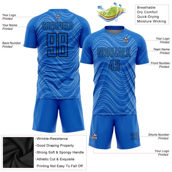 Wavy Sublimation Uniform Blue Lines Soccer Black Custom Jersey Sky Wavy Sublimation Uniform Blue Lines Soccer Black Custom Jersey Sky