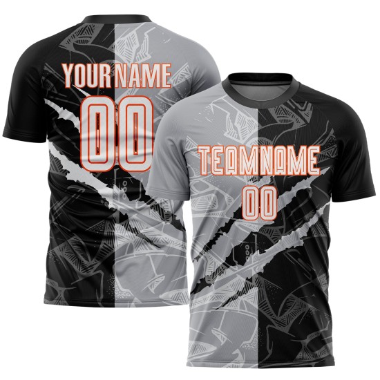 Graffiti White Scratch Black Gray-Orange Pattern Sublimation Custom Uniform Jersey Soccer Graffiti White Scratch Black Gray-Orange Pattern Sublimation Custom Uniform Jersey Soccer