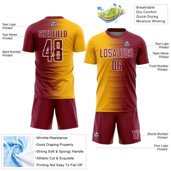Gold-White Soccer Crimson Custom Uniform Sublimation Jersey Gradient Line Gold-White Soccer Crimson Custom Uniform Sublimation Jersey Gradient Line