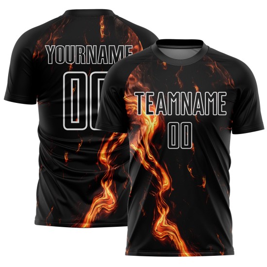 Gold-White Flame Jersey Uniform Sublimation Custom Soccer Black Gold-White Flame Jersey Uniform Sublimation Custom Soccer Black