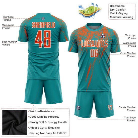 Jersey Teal Soccer Sublimation Orange-White Uniform Custom Jersey Teal Soccer Sublimation Orange-White Uniform Custom