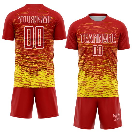 Line Light Custom Yellow-White Uniform Soccer Jersey Red Sublimation Line Light Custom Yellow-White Uniform Soccer Jersey Red Sublimation