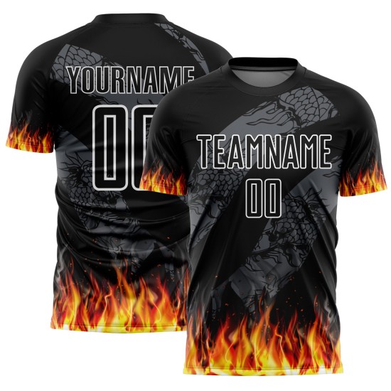 Jersey Uniform Red-Gold Soccer Sublimation Black Custom Flame Jersey Uniform Red-Gold Soccer Sublimation Black Custom Flame
