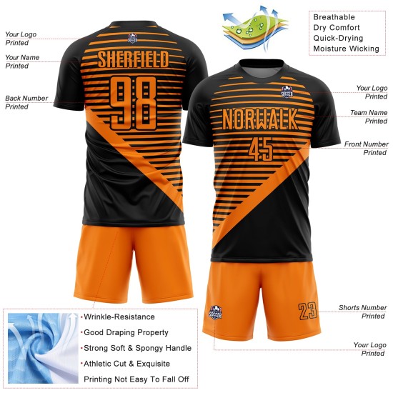 Jersey Custom Sublimation Orange Stripes Black Bay Soccer Uniform Jersey Custom Sublimation Orange Stripes Black Bay Soccer Uniform