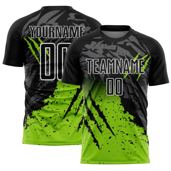 Neon Jersey Custom Sublimation Black Soccer Scratch Uniform Green-White Splash Gradient Neon Jersey Custom Sublimation Black Soccer Scratch Uniform Green-White Splash Gradient