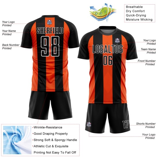 Custom Orange-White Sublimation Jersey Black Uniform Soccer Line Custom Orange-White Sublimation Jersey Black Uniform Soccer Line