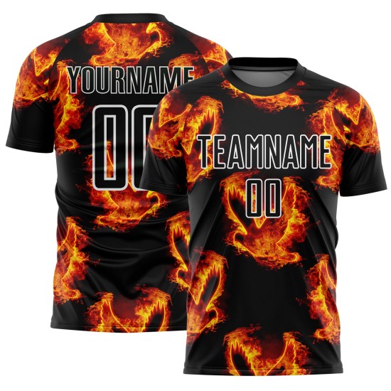 Flame Soccer Jersey Black Red-Gold Sublimation Bird Custom Uniform Flame Soccer Jersey Black Red-Gold Sublimation Bird Custom Uniform