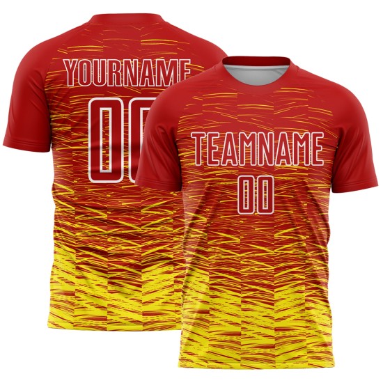 Line Light Custom Yellow-White Uniform Soccer Jersey Red Sublimation Line Light Custom Yellow-White Uniform Soccer Jersey Red Sublimation