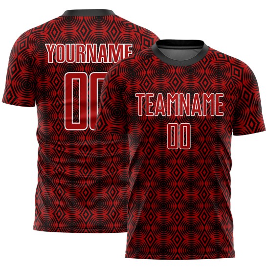 Red Shapes Jersey Black-White Uniform Custom Geometric Soccer Sublimation Red Shapes Jersey Black-White Uniform Custom Geometric Soccer Sublimation
