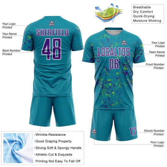Purple-Neon Uniform Soccer Green Jersey Abstract Fragment Teal Sublimation Art Custom Purple-Neon Uniform Soccer Green Jersey Abstract Fragment Teal Sublimation Art Custom