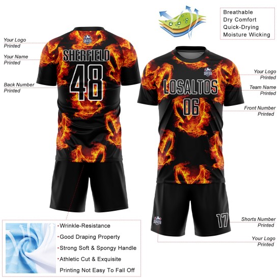 Flame Soccer Jersey Black Red-Gold Sublimation Bird Custom Uniform Flame Soccer Jersey Black Red-Gold Sublimation Bird Custom Uniform