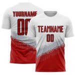 Custom Geometric Gradient Gray-Black White Jersey Soccer Uniform Sublimation Shape Red Custom Geometric Gradient Gray-Black White Jersey Soccer Uniform Sublimation Shape Red